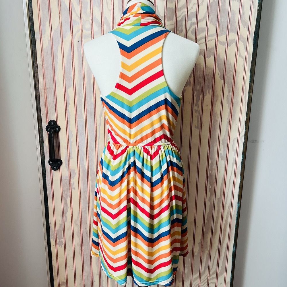 Judith March Rainbow Chevron Stripe Cowl Neck Racer Back 70's Disco Dress Size L - Picture 5 of 9